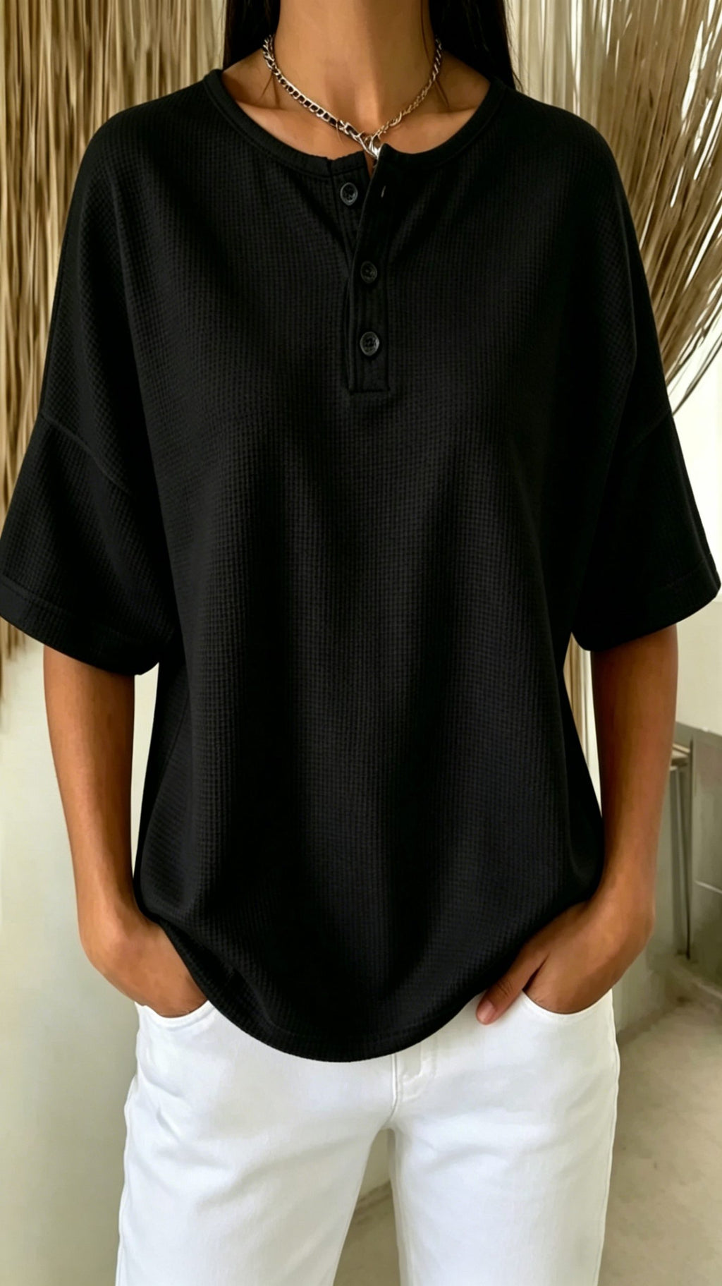 Women’s Solid-Color Waffle-Knit Top with Round Neck and Front Placket