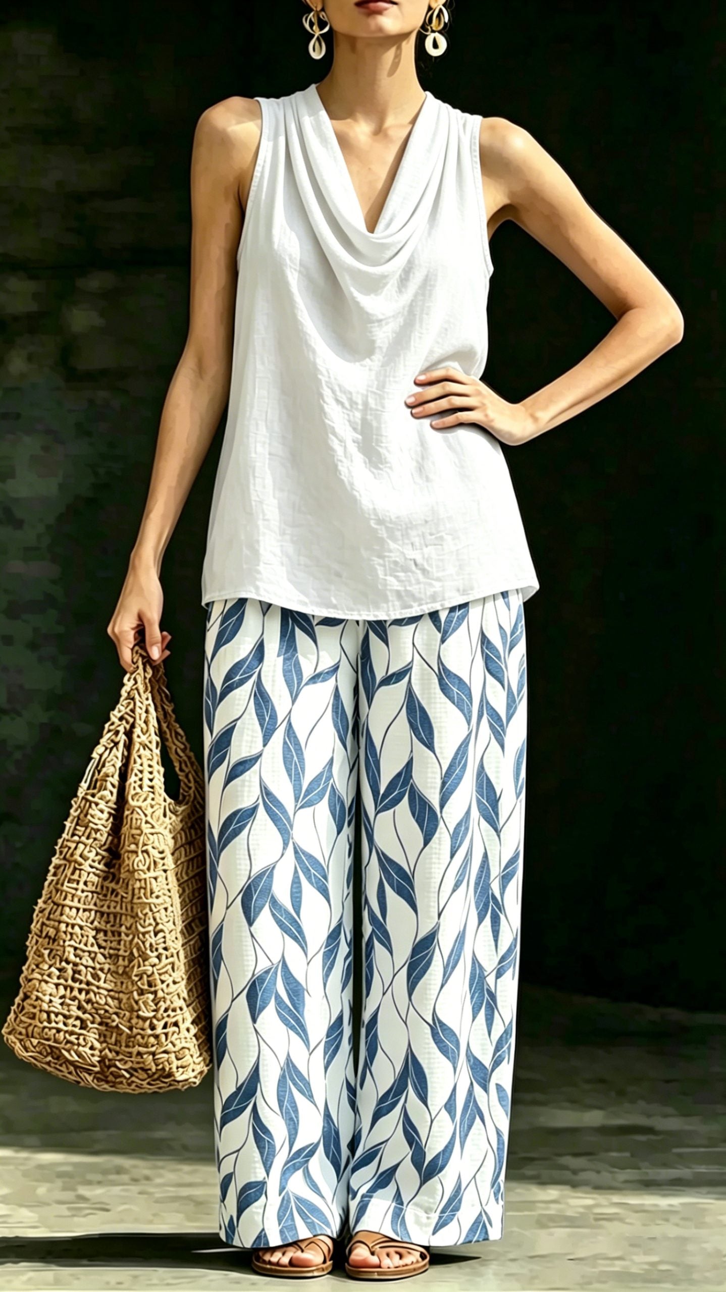 Women’s Two-Piece Set: Draped-Neck Halter Top & Patterned Wide-Leg Pants (Cotton-Linen Blend)