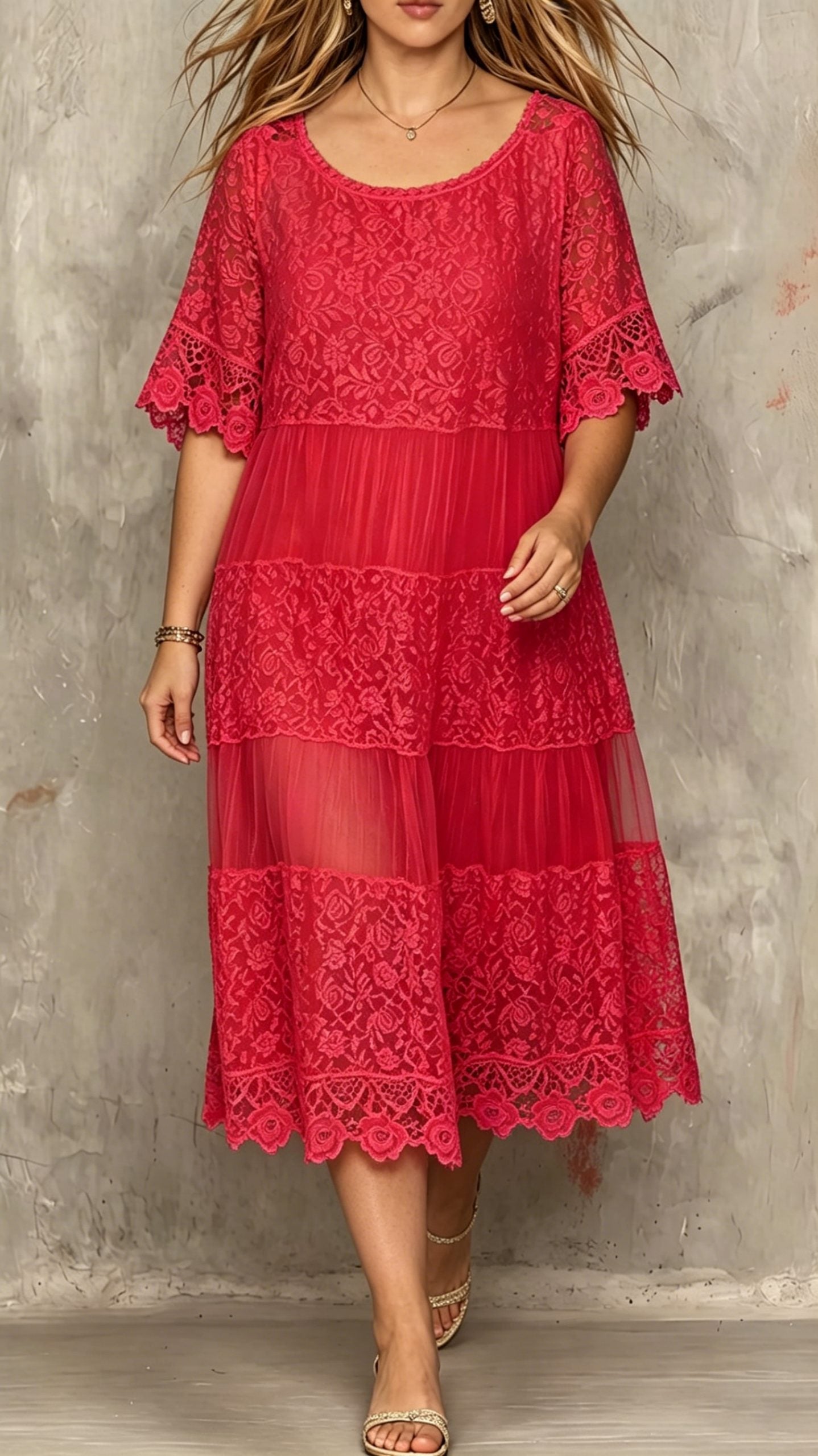 Women’s Round-Neck Short-Sleeve Lace-Trimmed Dress