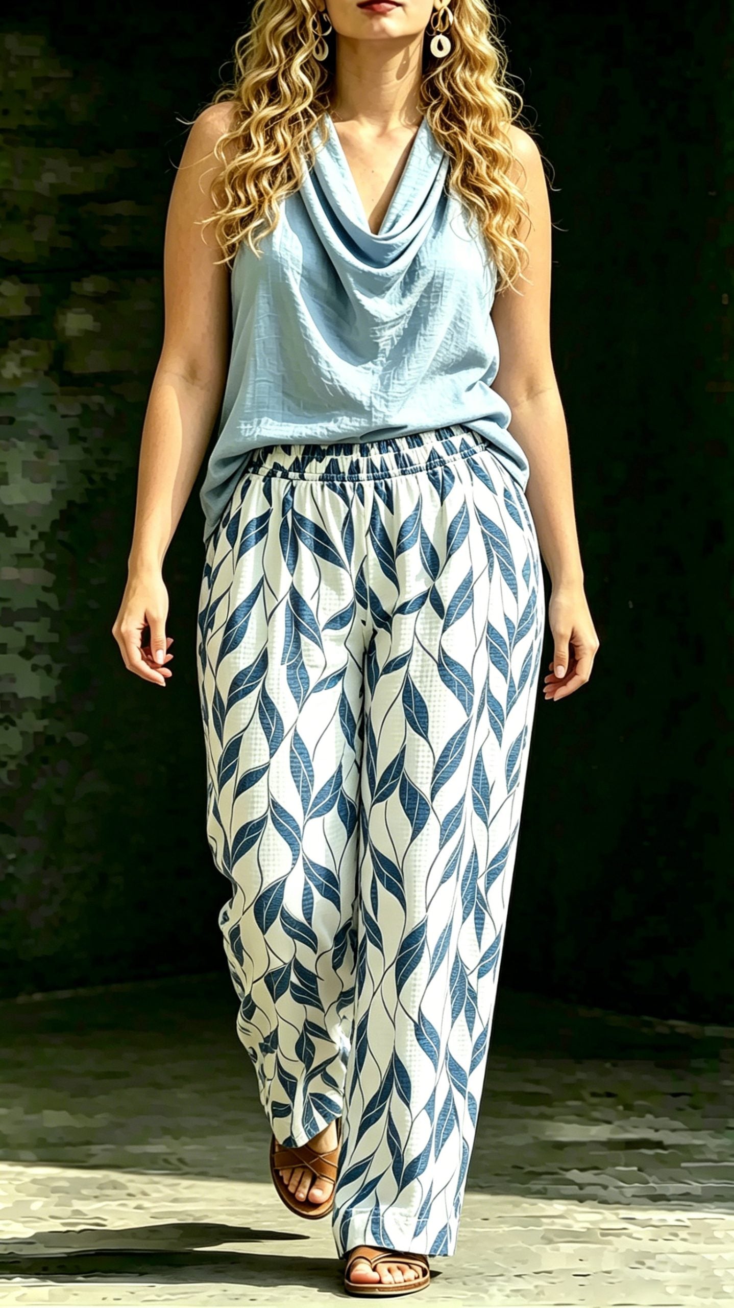 Women’s Two-Piece Set: Draped-Neck Halter Top & Patterned Wide-Leg Pants (Cotton-Linen Blend)
