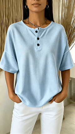 Women’s Solid-Color Waffle-Knit Top with Round Neck and Front Placket
