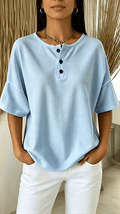 Women’s Solid-Color Waffle-Knit Top with Round Neck and Front Placket