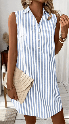 Women’s minimalist sleeveless V-neck button-down striped shirt dress