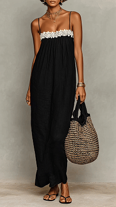 Women’s Minimalist Linen-Blend Lace-Paneled Strapless With Spaghetti Straps Maxi Dress
