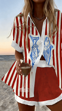 Women’s Striped & Color-Block Sardine Print Set — Lapel, Button-Front, Short-Sleeve Top & Shorts