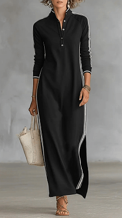 Women’s Black and White Striped Sporty Stand-Collar Maxi Dress