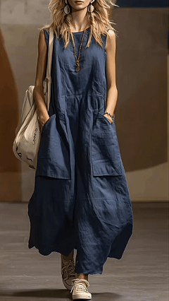 Women’s Loose-Fit, Simple, Sleeveless Cotton-Linen Dress with Pockets