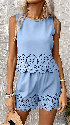 Women’s Elegant Hollow-Out Design Short-Sleeve Top and Shorts Two-Piece Set