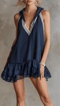 Women’s Elegant, Sporty-Style Dark Blue Cotton Sleeveless Hooded Mini Dress