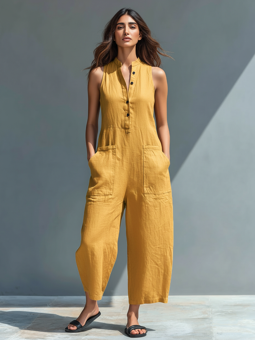 Women’s Minimalist Linen Blend Button-up Stand-collar Sleeveless Loose Jumpsuit