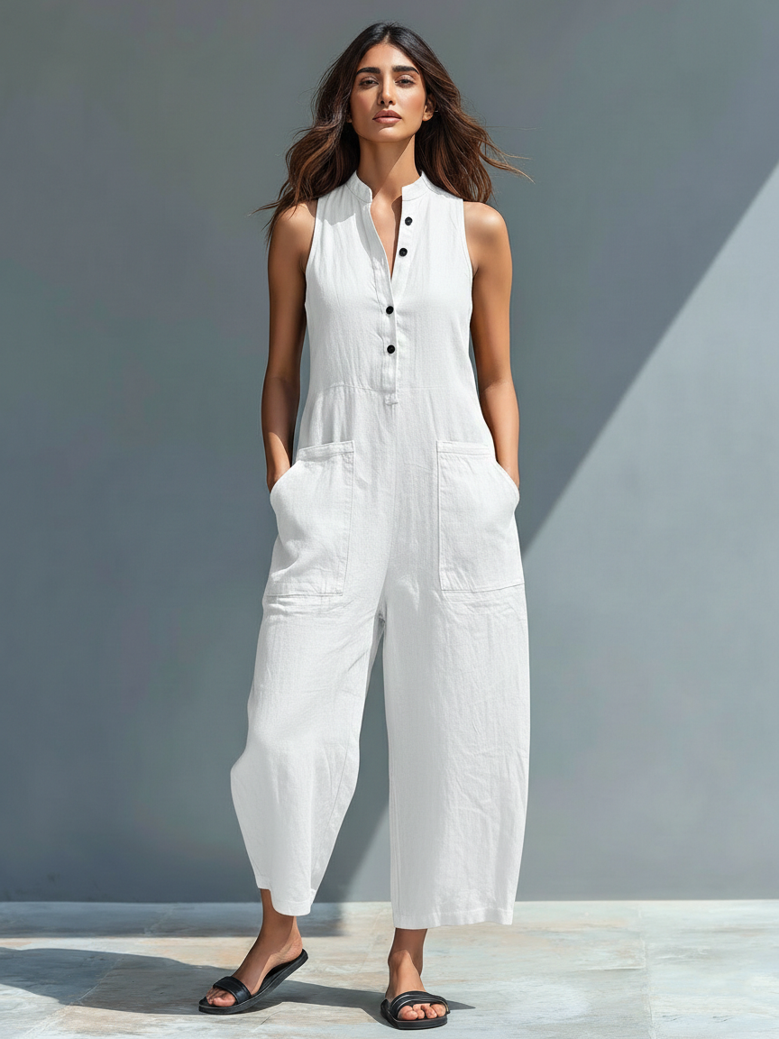 Women’s Minimalist Linen Blend Button-up Stand-collar Sleeveless Loose Jumpsuit