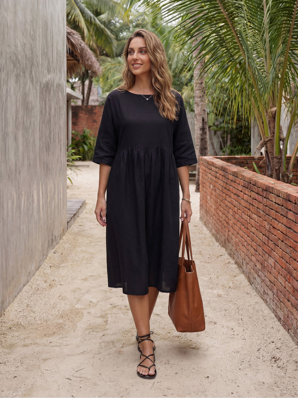 Women’s Cotton-Linen Casual Short-Sleeve Dress Loose Fit, Round Neck, Pockets, and Pleated Details