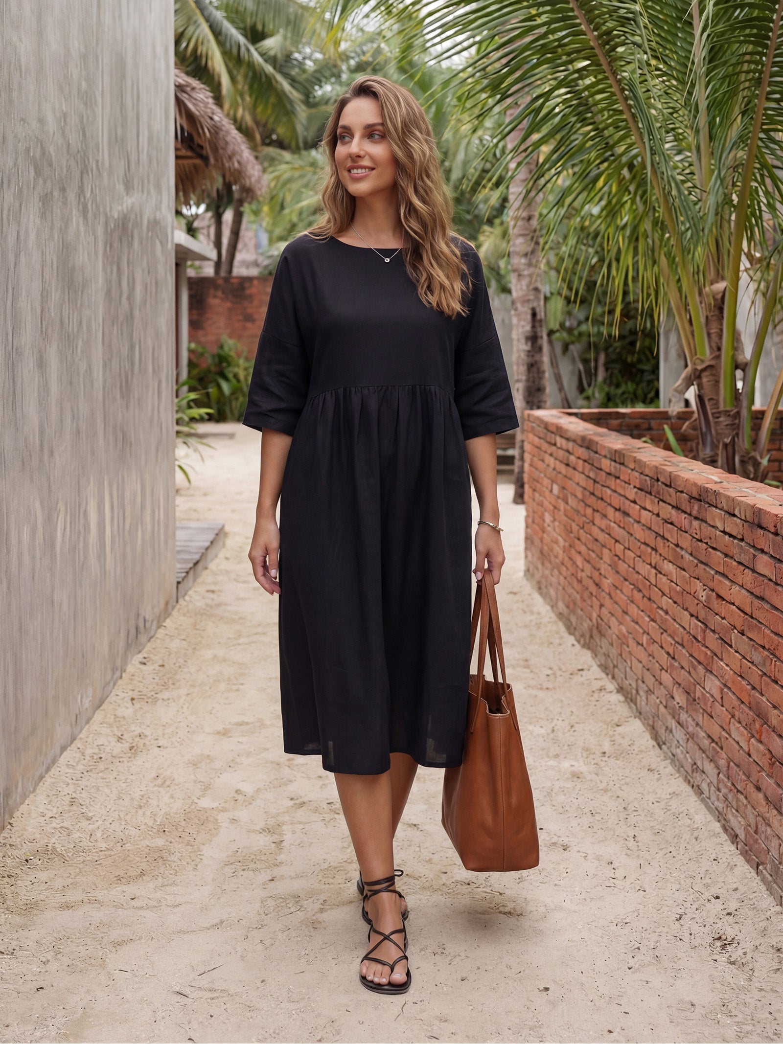 Women’s Cotton-Linen Casual Short-Sleeve Dress Loose Fit, Round Neck, Pockets, and Pleated Details