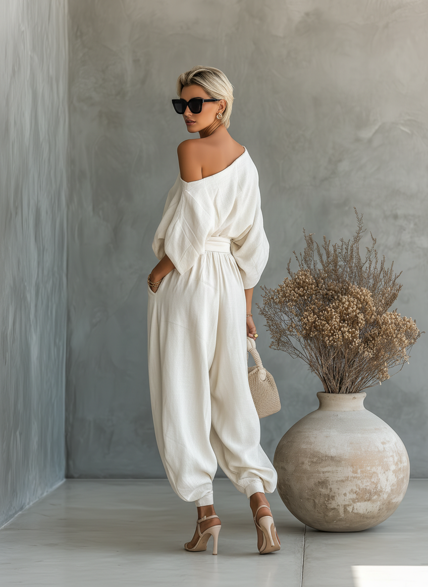 Women’s Off-white Linen Off-shoulder Loose Casual Top And Tapered Pants Set