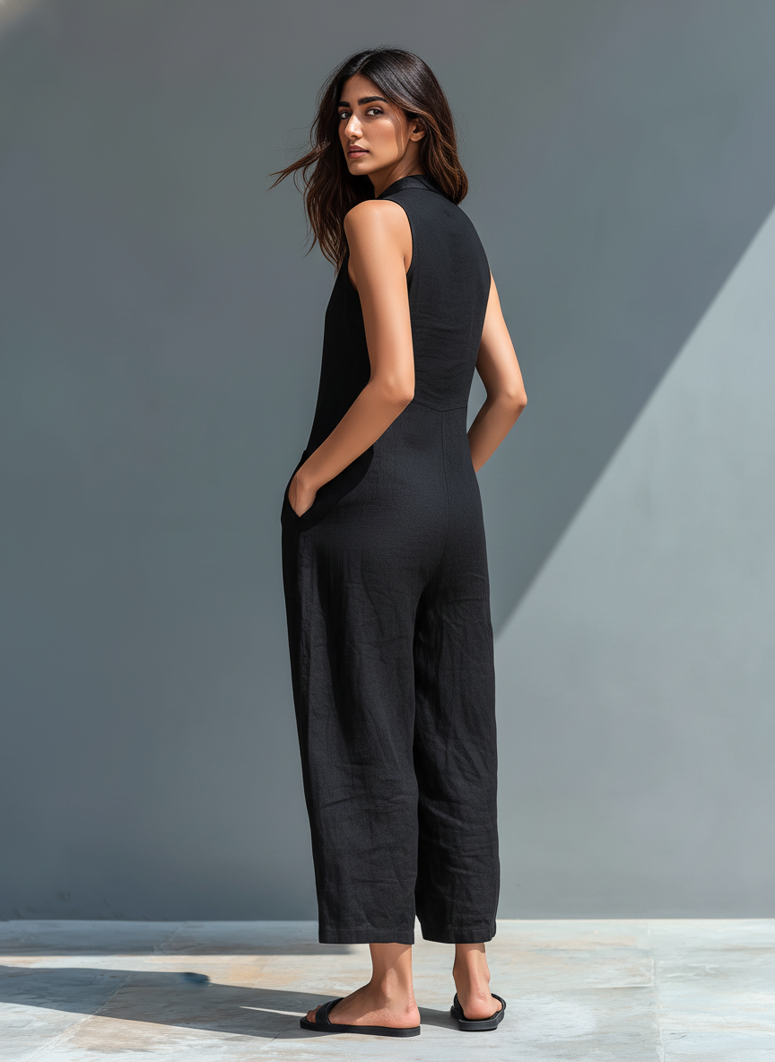 Women’s Minimalist Linen Blend Button-up Stand-collar Sleeveless Loose Jumpsuit