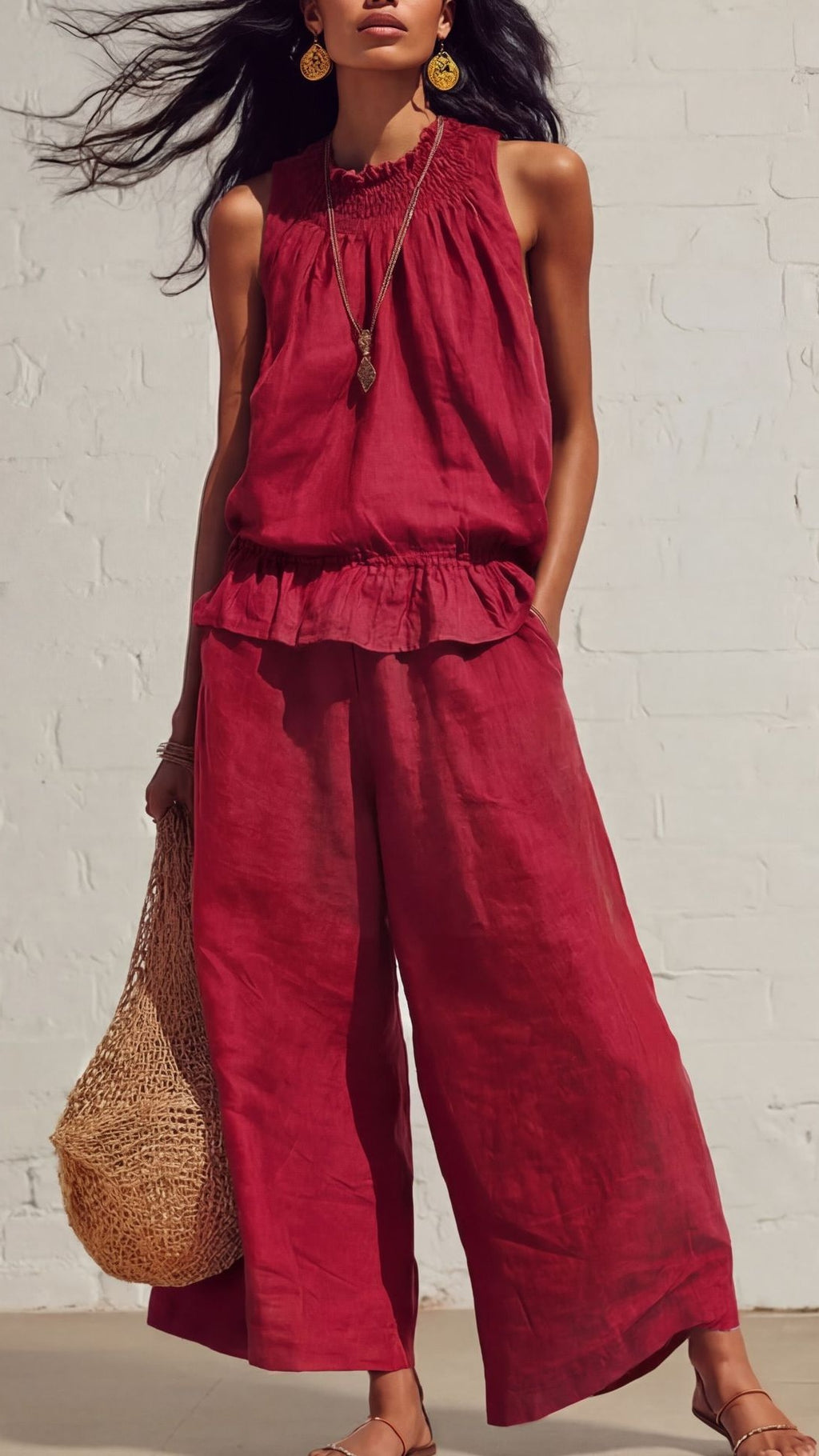 Women’s Vintage Bohemian Ruffled Cotton-Linen Two-Piece Set