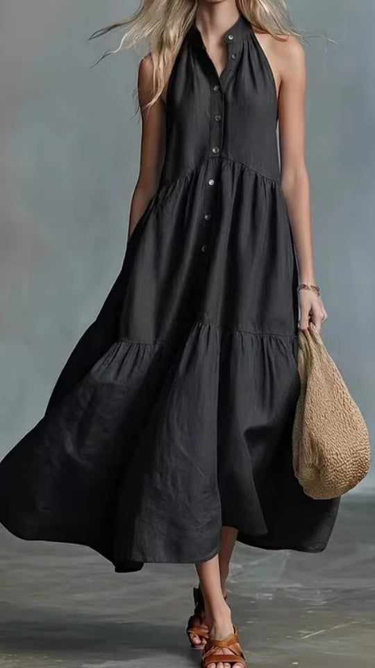 Women’s Sleeveless Casual Loose Linen Button-Down Vest Dress