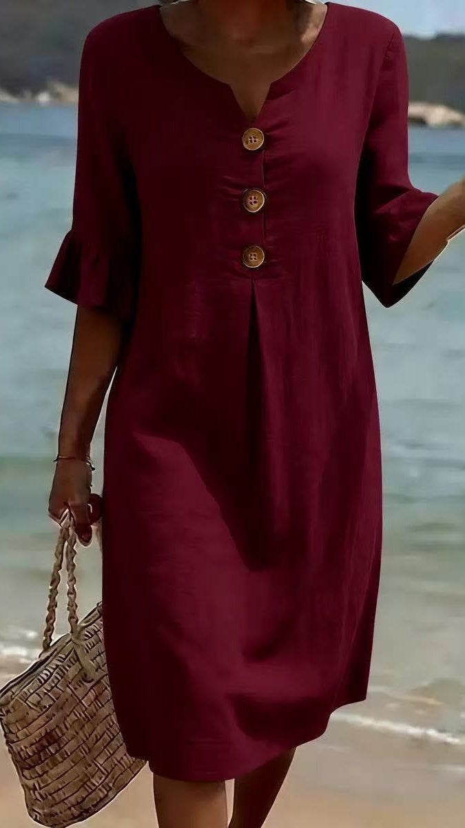 Women’s Cotton-Linen Dress with V-Neck, Large Buttons, and Ruffled Sleeves
