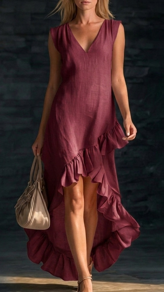 Women’s Sleeveless V-Neck Cotton-Linen Maxi Dress with Ruffled Hem