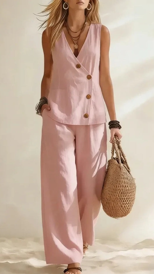 Women’s Casual Solid-Color Vacation-Style Two-Piece Set: Button-Front Vest & Trousers