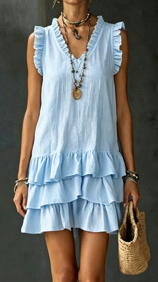 Women’s Casual V-Neck Ruffle-Trim Tiered Dress — Sleeveless Tank Dress
