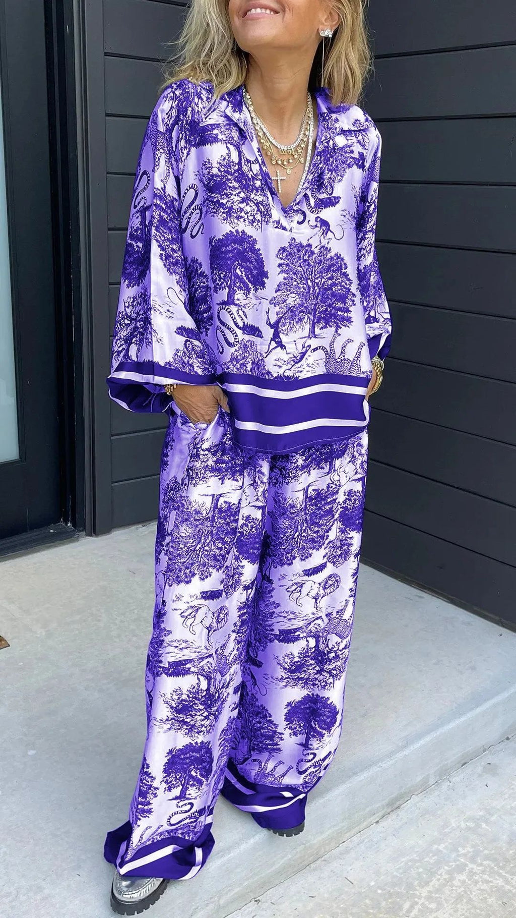 Women’s Casual V-Neck Printed Long-Sleeve Two-Piece Set with Pockets