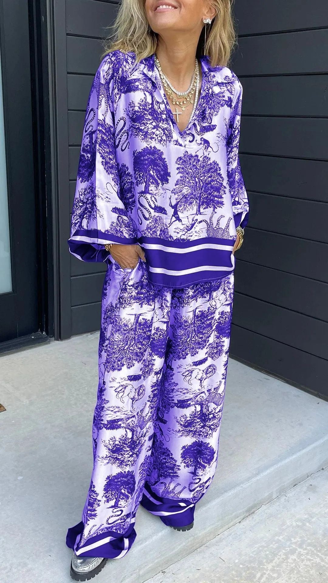 Women’s Casual V-Neck Printed Long-Sleeve Two-Piece Set with Pockets