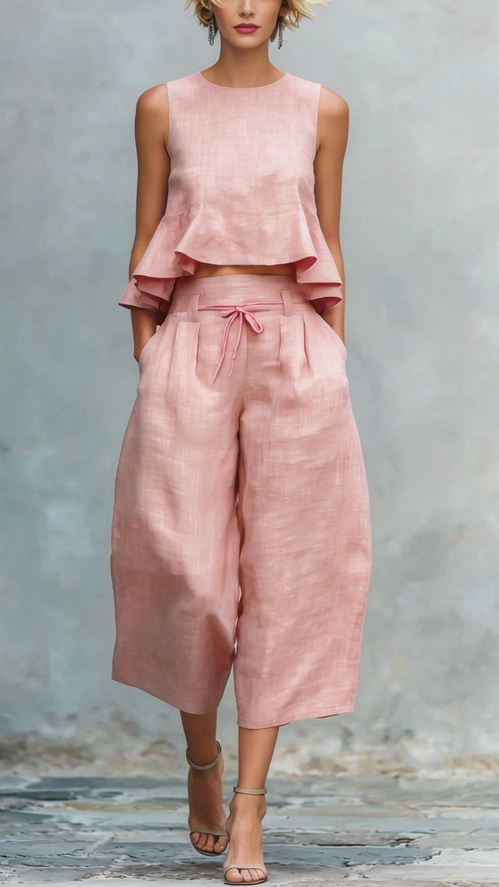 Women’s two-piece linen blend set with ruffled trim.