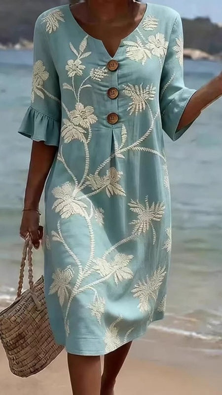 Women’s Vacation-Style V-Neck Printed Loose-Fit Dress with Mid-Length Sleeves