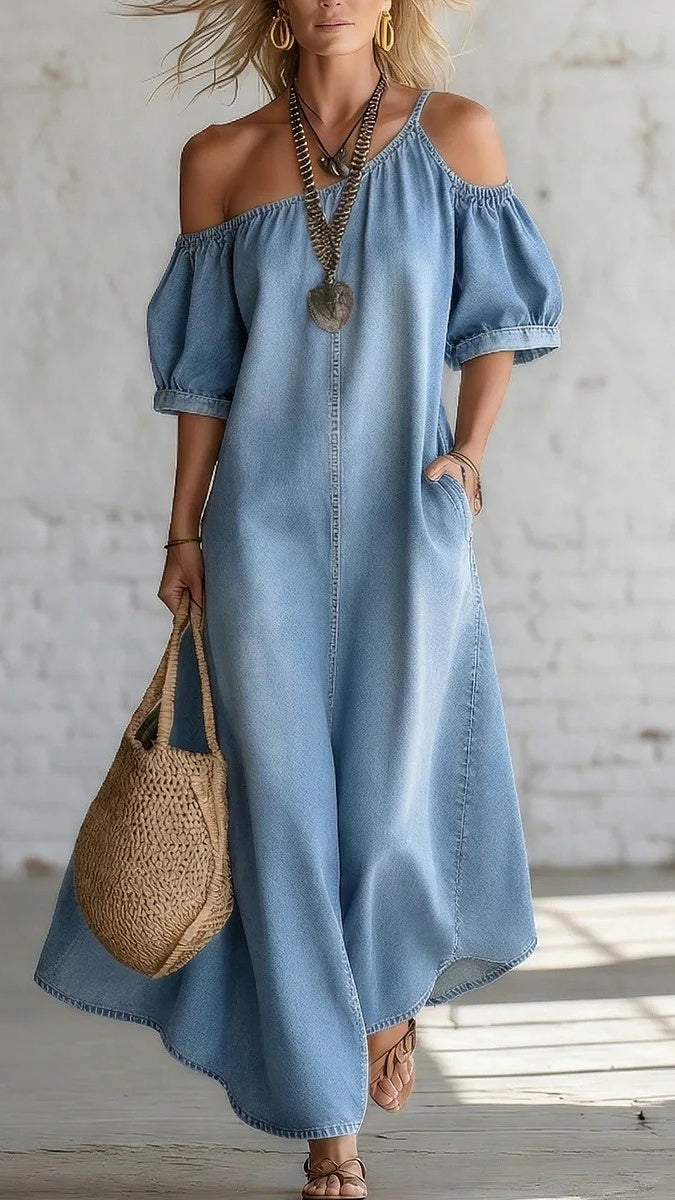 Women’s Loose-Fit, Elegant Off-Shoulder Denim Maxi Dress with Slit