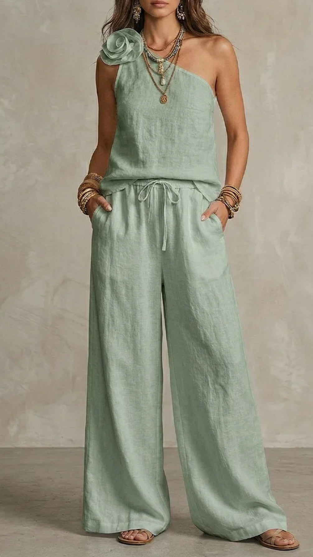 Women’s Two-Piece Set: One-Shoulder Strap Top & T-Shirt