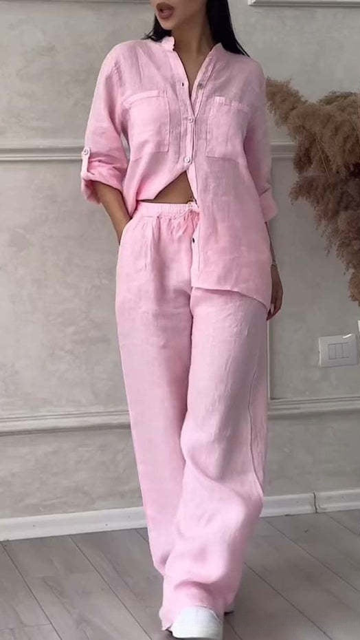 Women’s Casual Cotton-Linen Solid-Color Shirt & Drawstring Wide-Leg Pants Two-Piece Set