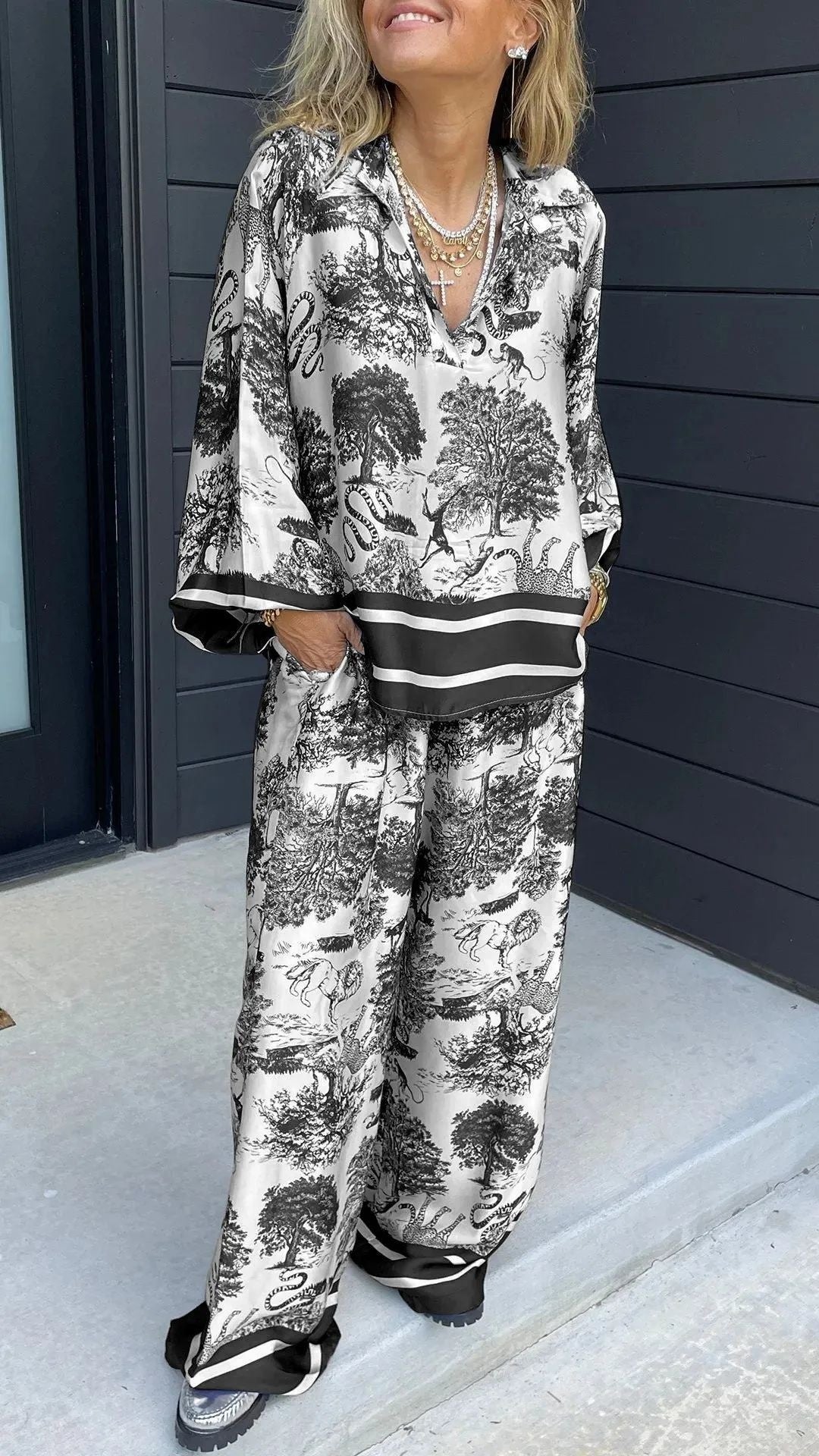 Women’s Casual V-Neck Printed Long-Sleeve Two-Piece Set with Pockets
