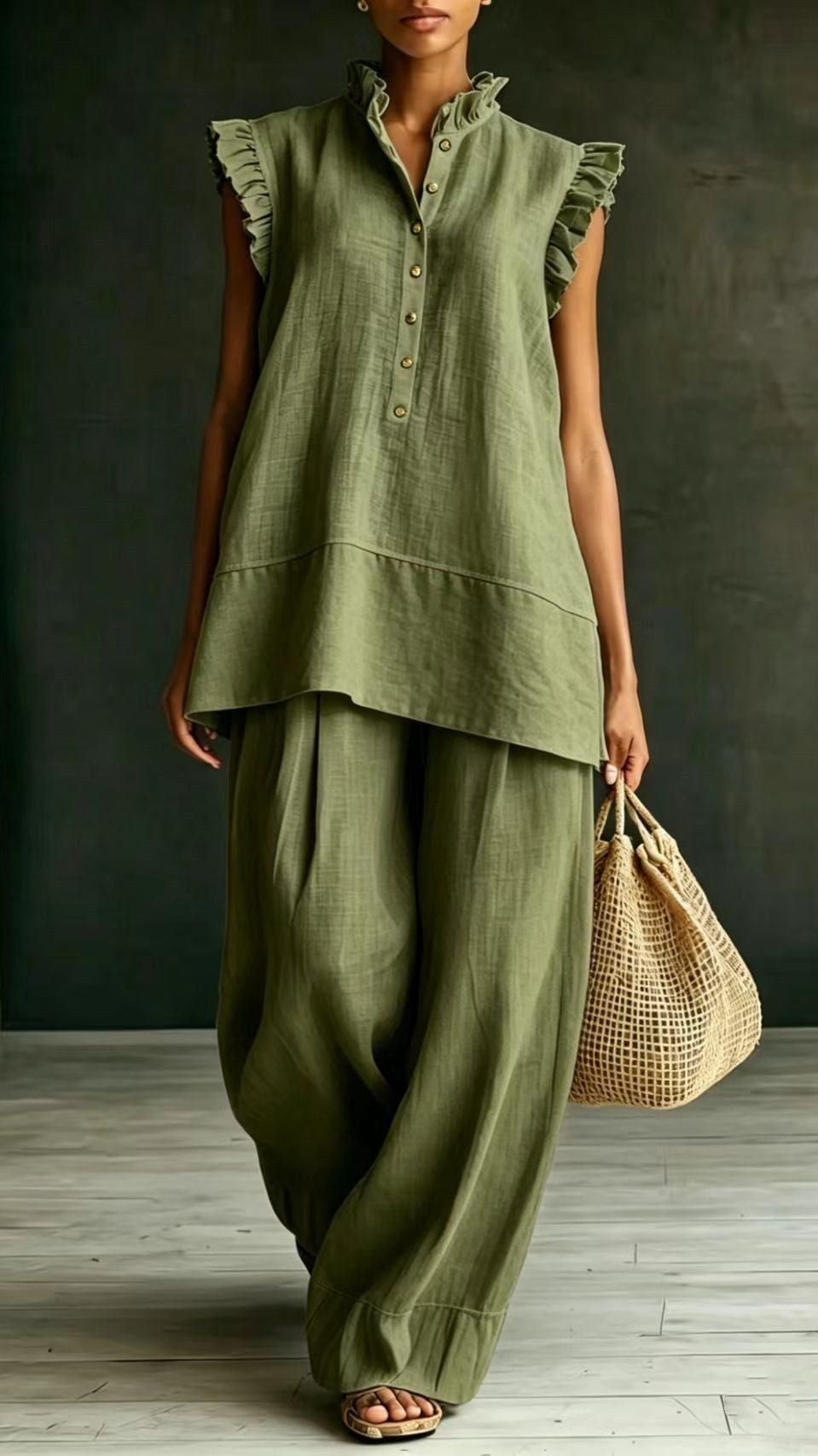 Women’s Ruffled Sleeveless Shirt and Loose-Fit Trousers Two-Piece Set