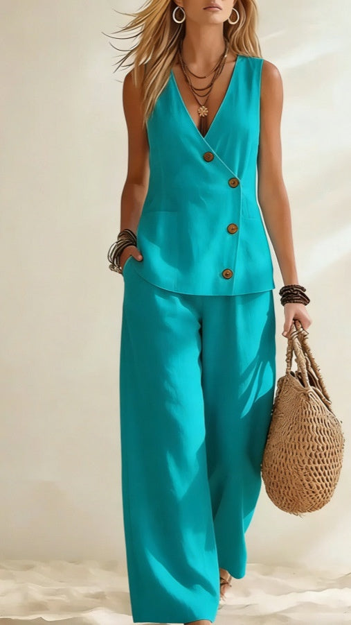 Women’s Casual Solid-Color Vacation-Style Two-Piece Set: Button-Front Vest & Trousers