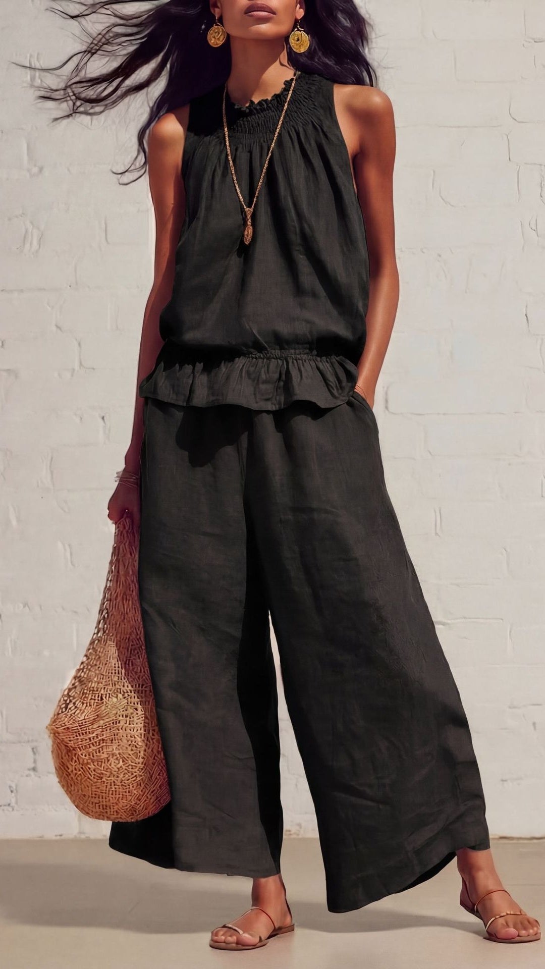 Women’s Vintage Bohemian Ruffled Cotton-Linen Two-Piece Set