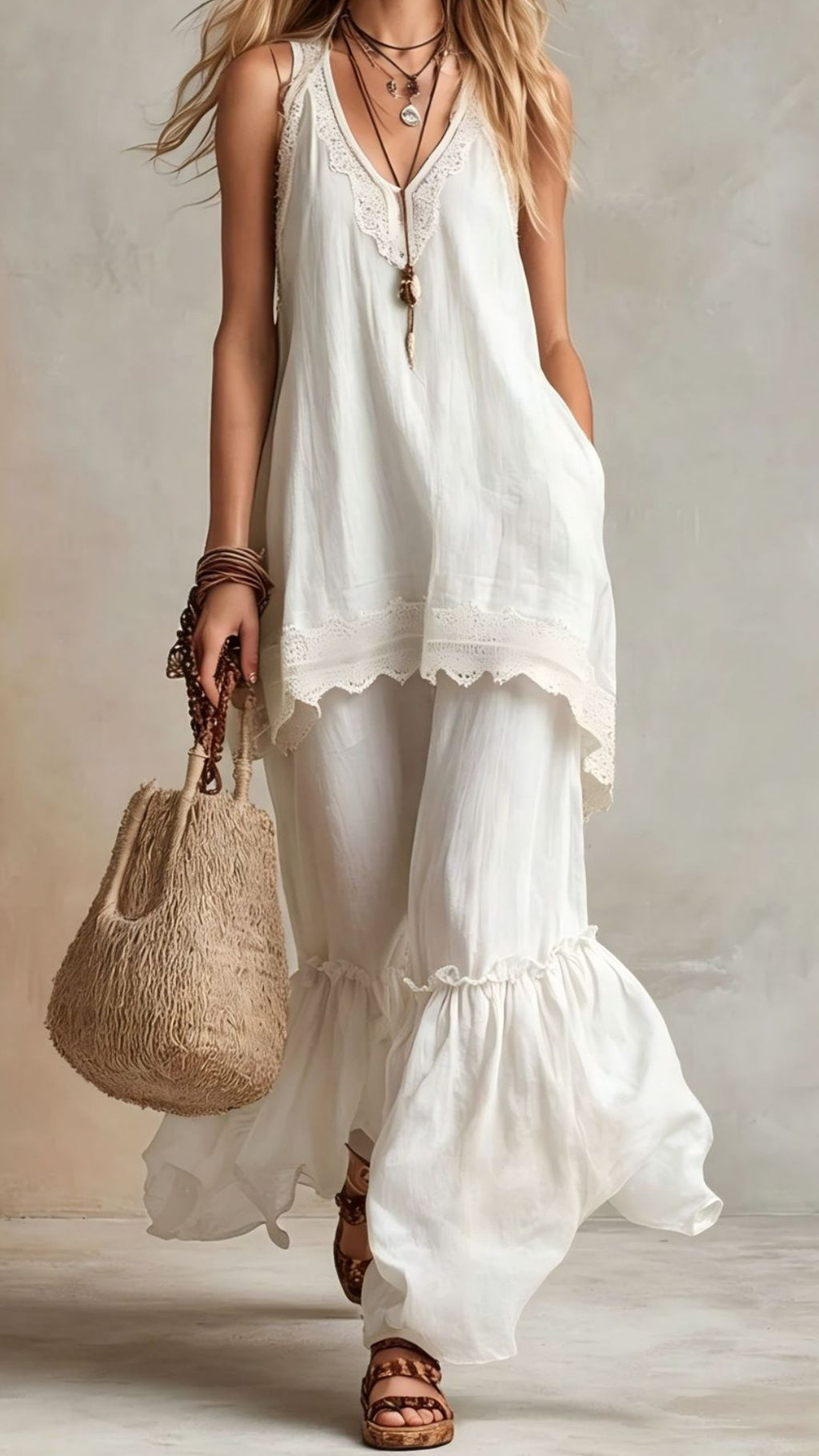 Women’s Bohemian-Style Vacation Dress with Lace Straps