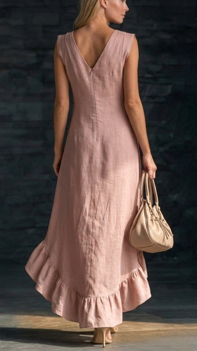Women’s Sleeveless V-Neck Cotton-Linen Maxi Dress with Ruffled Hem