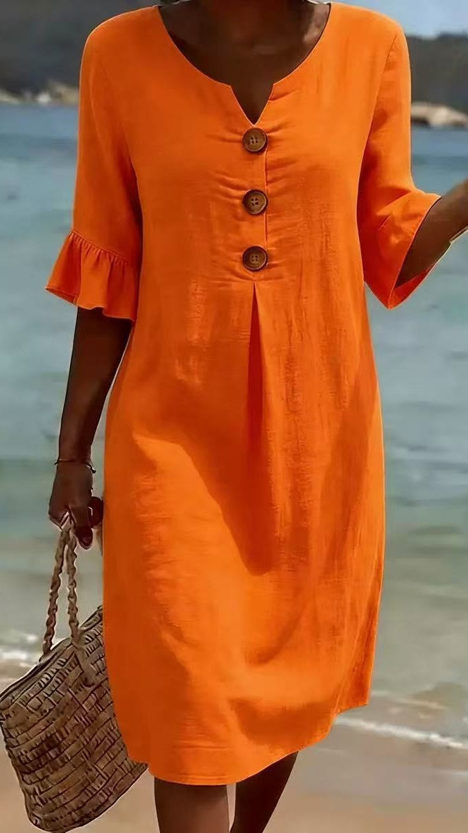 Women’s Cotton-Linen Dress with V-Neck, Large Buttons, and Ruffled Sleeves