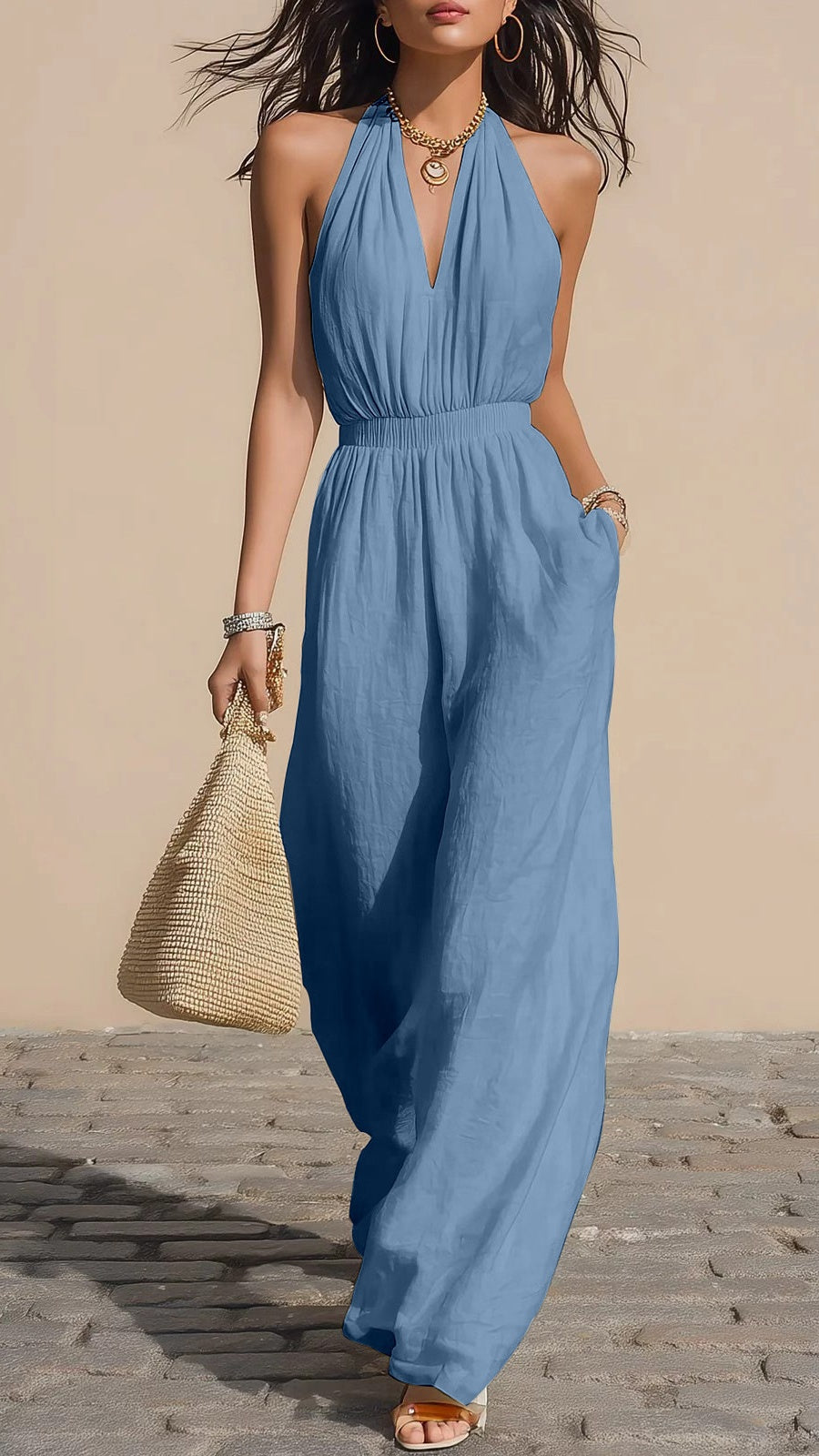 Women’s Halter-Neck V-Neck Slim-Fit Jumpsuit — Simple Solid-Color Wide-Leg Trousers