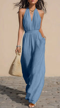 Women’s Halter-Neck V-Neck Slim-Fit Jumpsuit — Simple Solid-Color Wide-Leg Trousers