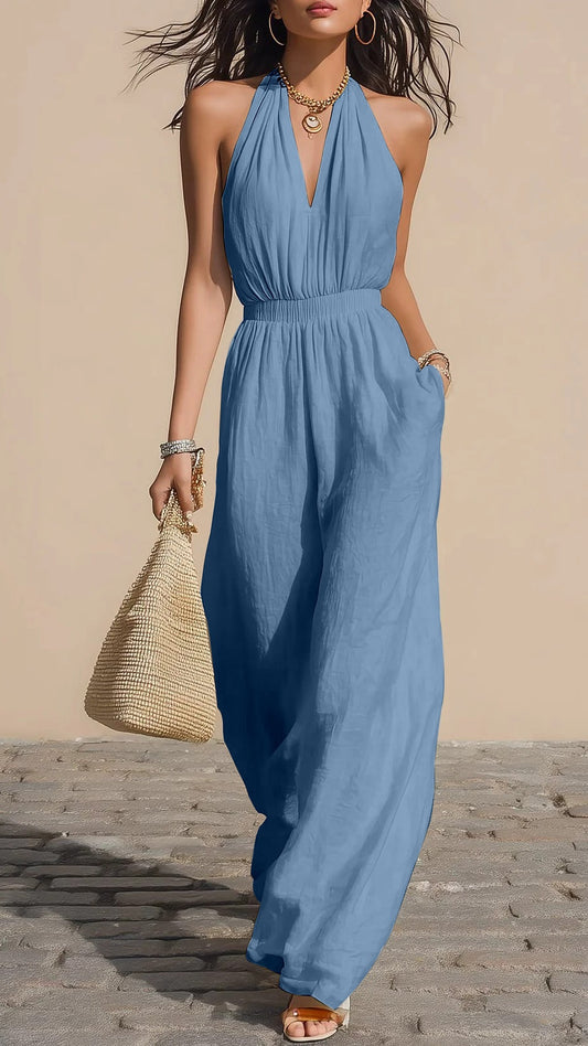 Women’s Halter-Neck V-Neck Slim-Fit Jumpsuit — Simple Solid-Color Wide-Leg Trousers