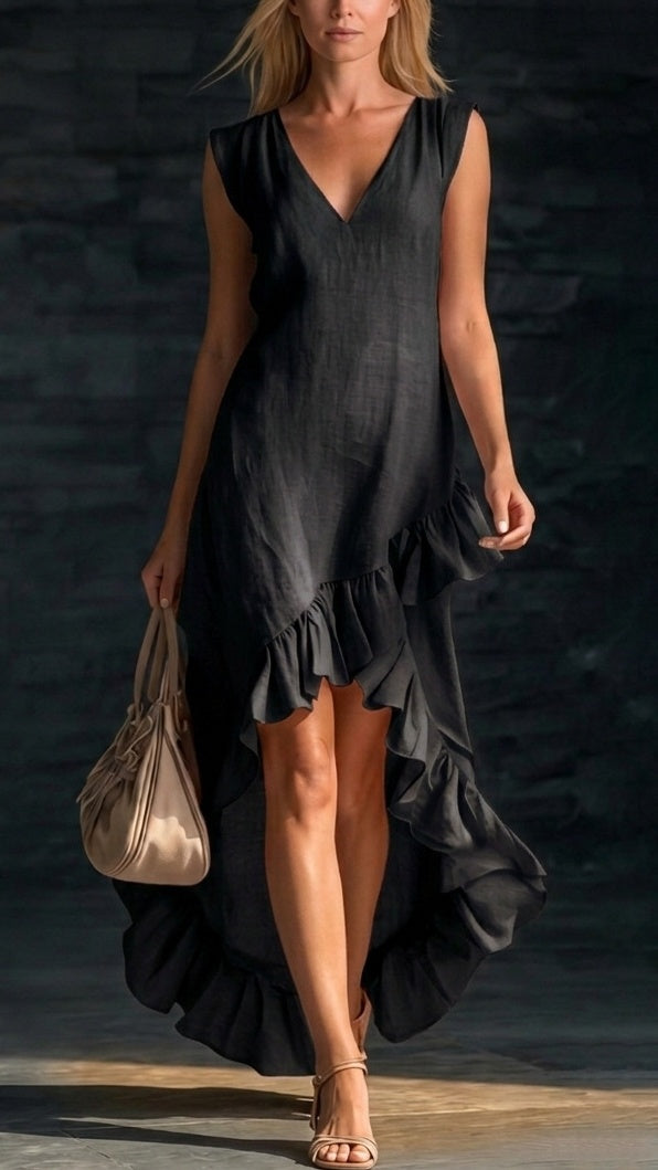 Women’s Sleeveless V-Neck Cotton-Linen Maxi Dress with Ruffled Hem