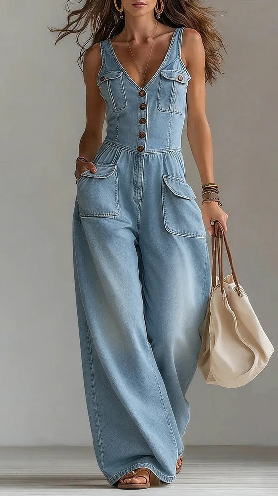 🔥Women’s Washed Denim Loose-Fit Sleeveless Jumpsuit with Straps
