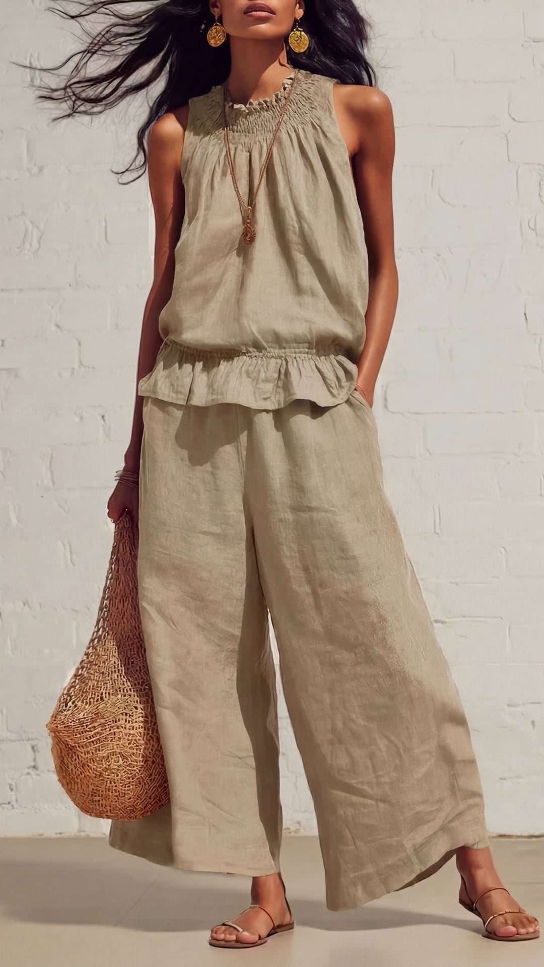 Women’s Vintage Bohemian Ruffled Cotton-Linen Two-Piece Set