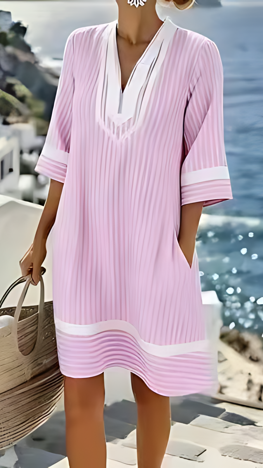 Women’s beach vacation style V-neck printed loose beach dress