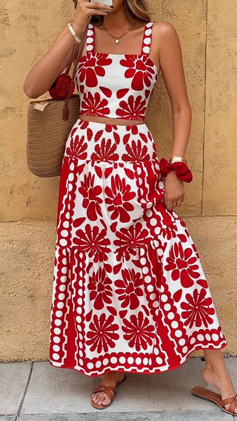 Women’s Vacation-Style Casual Printed Spaghetti-Strap Maxi Dress Set