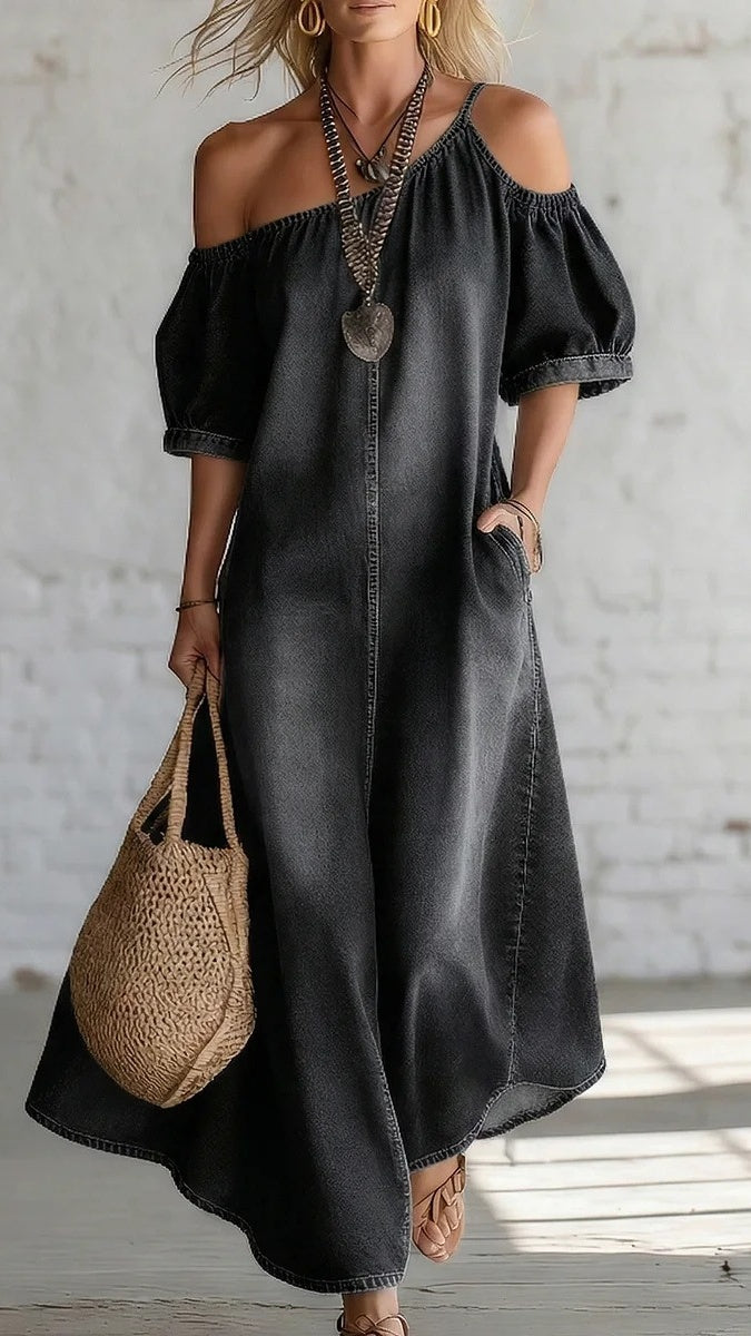 Women’s Loose-Fit, Elegant Off-Shoulder Denim Maxi Dress with Slit