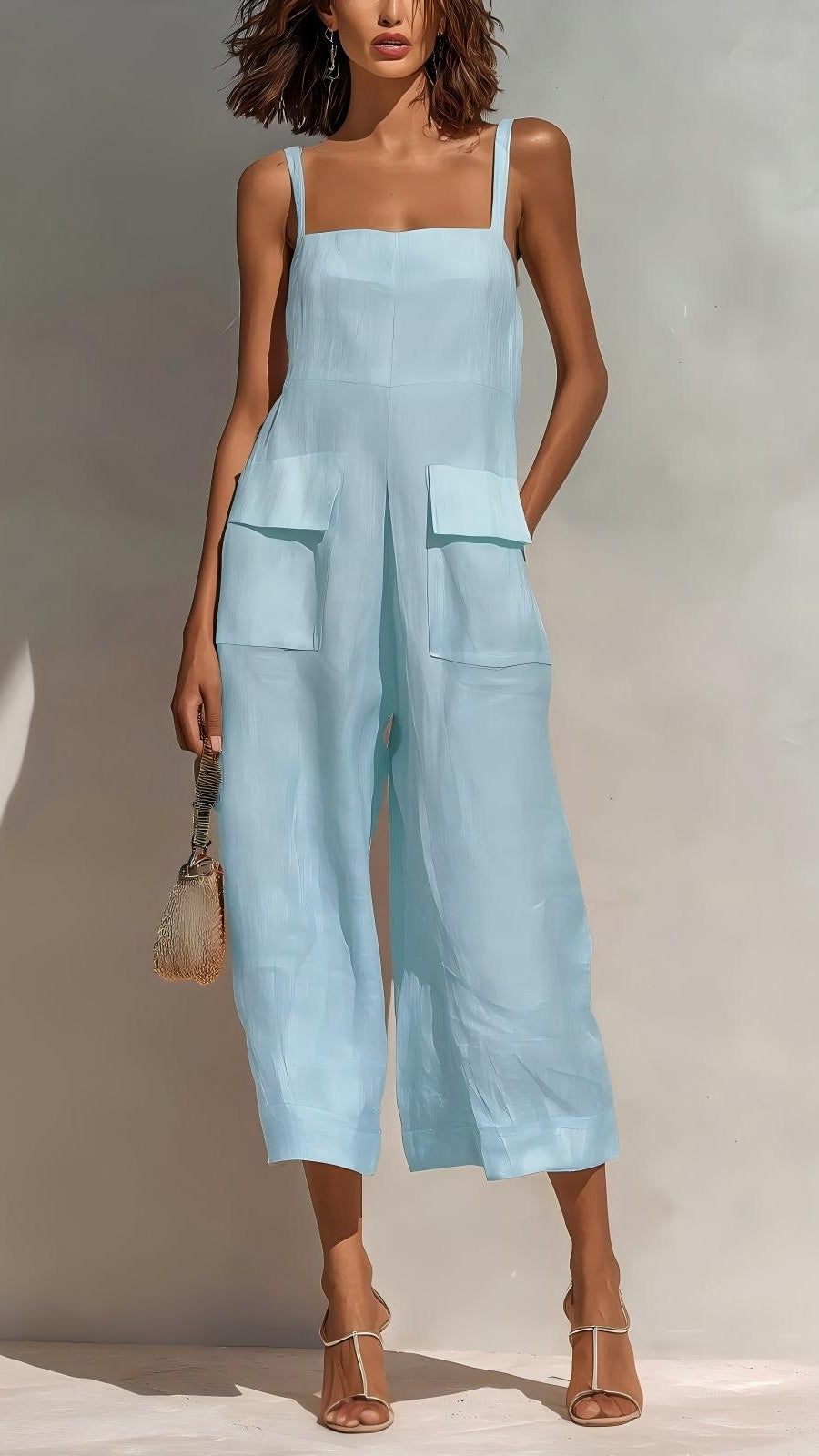 Women’s Elegant Sleeveless Cropped Jumpsuit — Loose Fit, Wide-Leg, Thin Straps, Patch Pockets