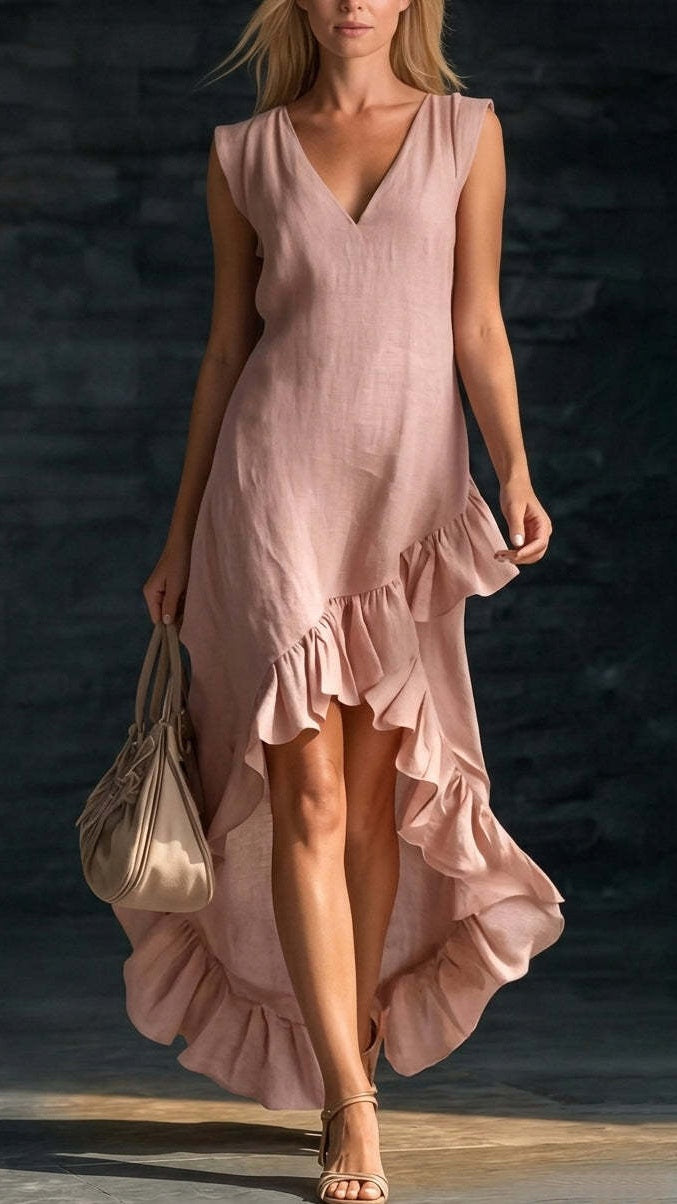 Women’s Sleeveless V-Neck Cotton-Linen Maxi Dress with Ruffled Hem